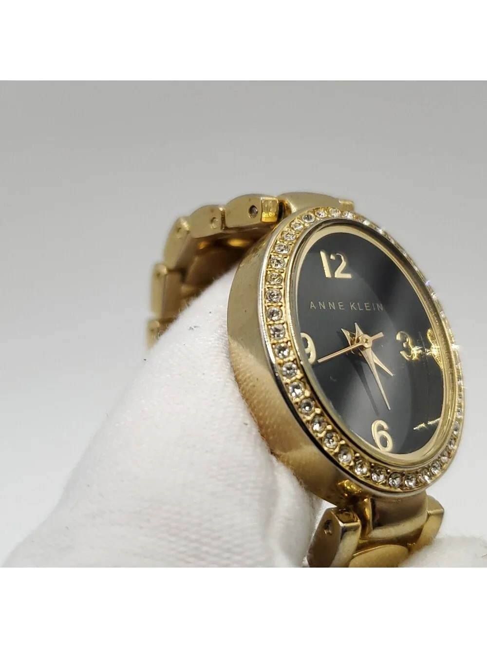 Anne Klein Oval Rhinestone Bezel Black Dial Womens Watch 19mm New Battery
